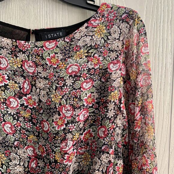 1.State Multicolor Floral Print Long Sleeve Sheer Top Size Small - Picture 2 of 5